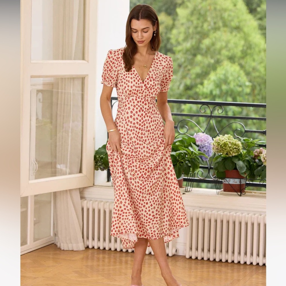NWT  RIHOAS Red V-Neck Floral Puff Sleeve Maxi Dress